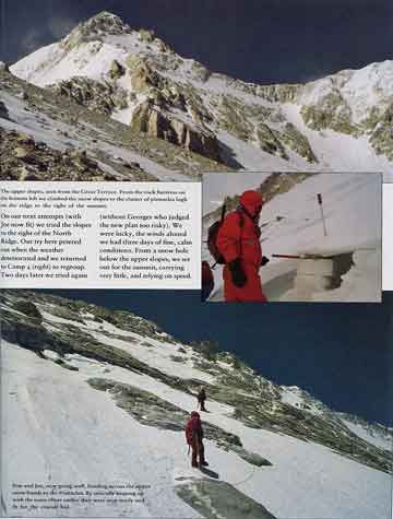 
Upper: Kangchenjunga upper slopes from the Great terrace. Lower: Pete Boardman and Joe Tasker heading across the upper snow bands to the Pinnacles on May 15, 1979 - Doug Scott: Himalayan Climber book
